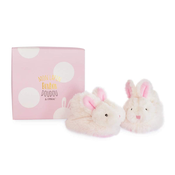 Doudou et Compagnie Pink Bunny Booties with Rattle – Baby Slippers Gift Set, Soft Bunny Design, 0-6 Months (DC1308)