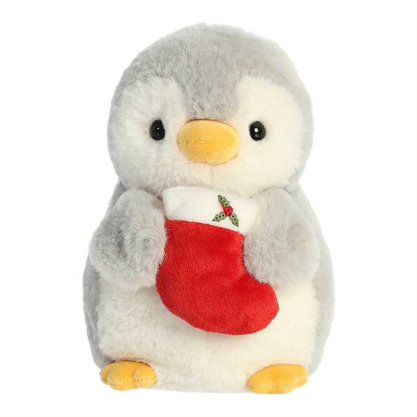 Aurora® Festive Pompom Penguin™ Pompom™ with Stocking Stuffed Animal - Vibrant Companions - Endless Fun - Gray 8 Inches