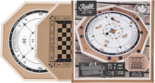 Rustik BJR000135 2-In-1 Deluxe Crokinole & Checkers In 1 Box, 2-4 Players Ages 6+