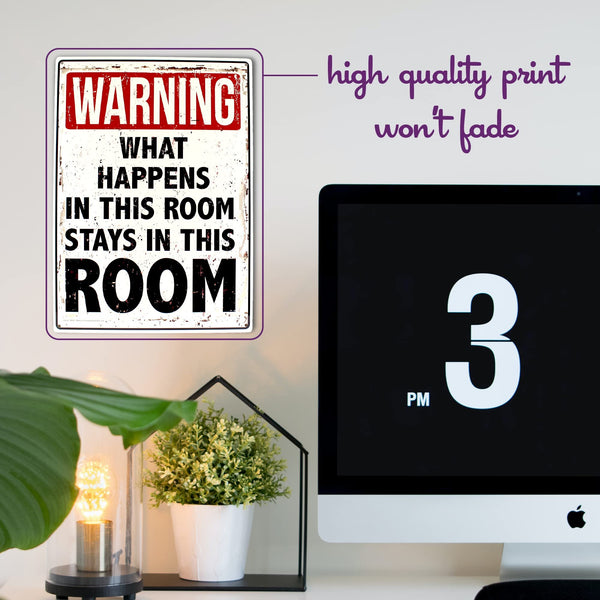 What Happens In This Room Metal Sign - Easy-to-Hang Wall Decor - Fun Tin Signs for Man Cave - Metal Dorm Room Decorations, Garage Signs, and Man Cave Signs