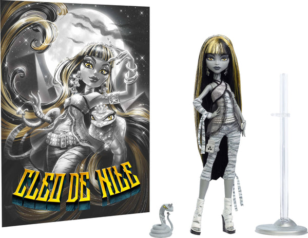 Monster High Reel Drama Doll, Cleo De Nile Black and White Reproduction Collectible with Doll-Size and Life-Size Posters, Horror Flick Theme, and Pet