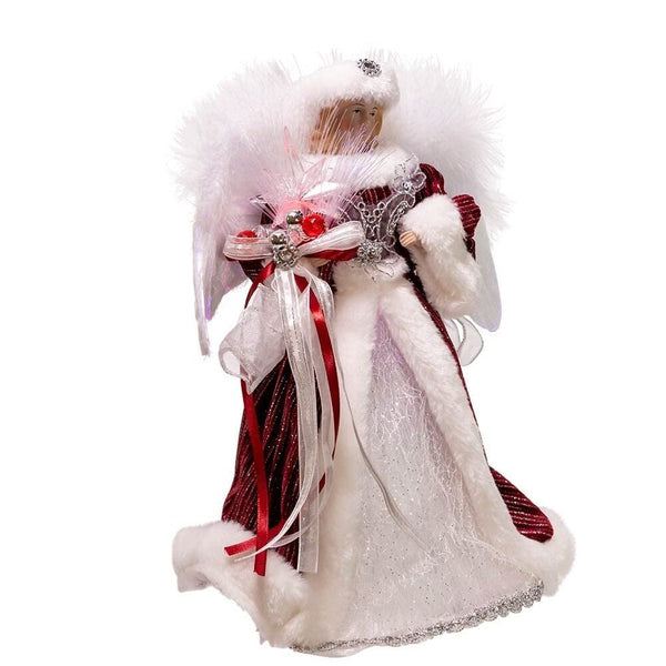 Kurt S. Adler 12″ 7-Light Color-Changing LED Fiber-Optic Angel Tree Topper – Silver & Burgundy Gown, Feather Wings, Pre-Lit Christmas Treetop (AD2003)