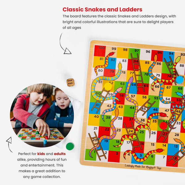 Bigjigs Toys Traditional Snakes and Ladders Wooden Game Set, Quality Family Game for Kids and Adults, 2-4 Players Ages 3+