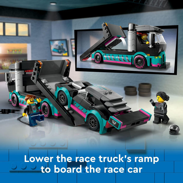 LEGO City Race Car and Car Carrier Truck Toy Playset, Vehicle Transporter with Adjustable Loading Ramp and Race Toy, Racer and Driver Minifigures, Fun Gift for Kids Ages 6 and Up, 60406