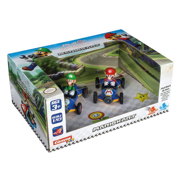 Carrera Pull & Speed 15813018 Official Licensed Kids Mario Kart Toy Car Pull Back Vehicle for Ages 3 and Up - Mach 8 Mario/Mach 8 Luigi