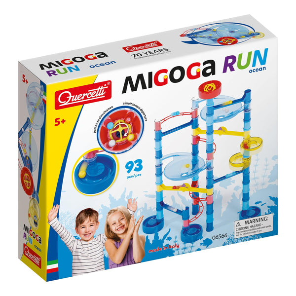 Quercetti - Migoga Run - Ocean - 93pc Marble Ball Run, Track Building Toy, Slide-Bridges-Spirals-Pipes, Colorful STEM Construction Playset, Kids 5+