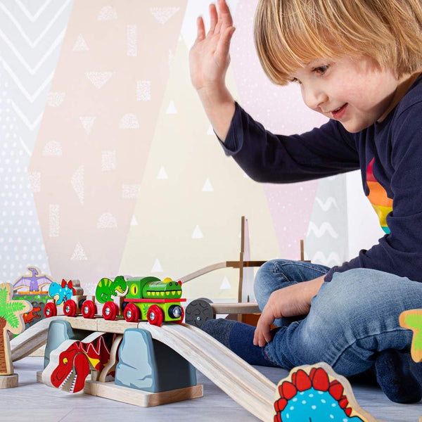 Bigjigs Rail, T-Rex Bursting Bridge, Wooden Toys, Dinosaur Toys, Bigjigs Train Accessories, Dinosaur Track, Wooden Train Sets, Trains for Kids, Bigjigs Trains