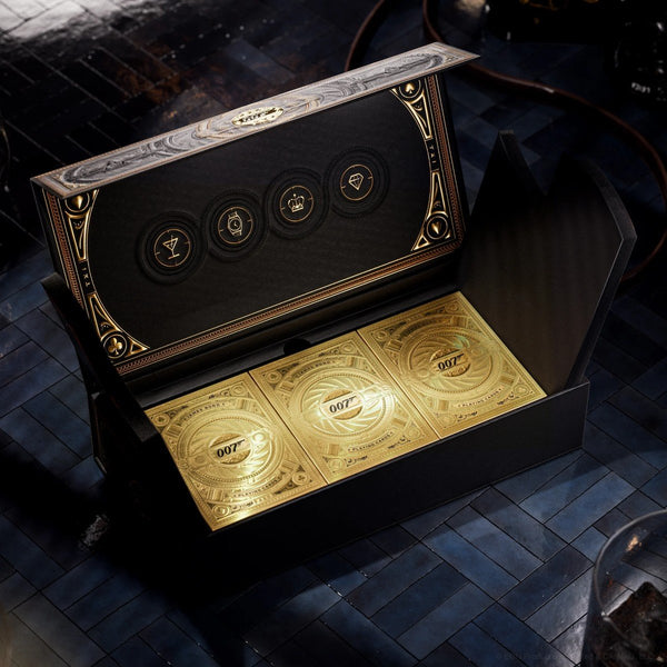 theory11 James Bond 007 Special Edition Box Set – Collector Playing Cards with 3 Gold Edition Decks + Solid Brass 007 Pen & Secret Hidden Compartment – Luxury Gift for 007 Fans & Card Enthusiasts