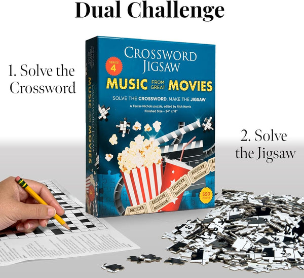 Dual Challenge Crossword Jigsaw Puzzle Movie Song Trivia - For Movie Buffs Families - 2 in 1 Fun Educational Interactive Brain Building for Adults & Families, 550 Pieces