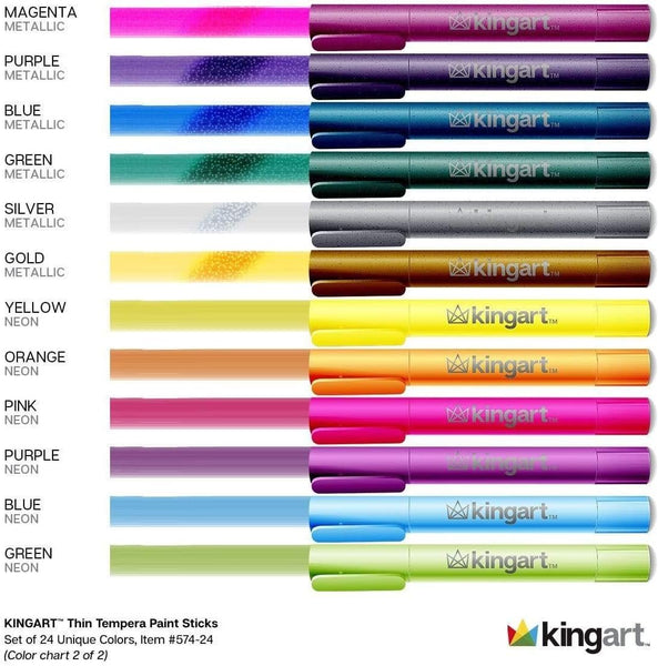 KINGART 574-24 TEMPERA PAINT Thin Sticks, Set of 24 Rich Colors, Solid Tempera Paint for Kids, Super Quick Drying, Non-Toxic, Work Great on Paper, Canvas, Wood, Glass and more