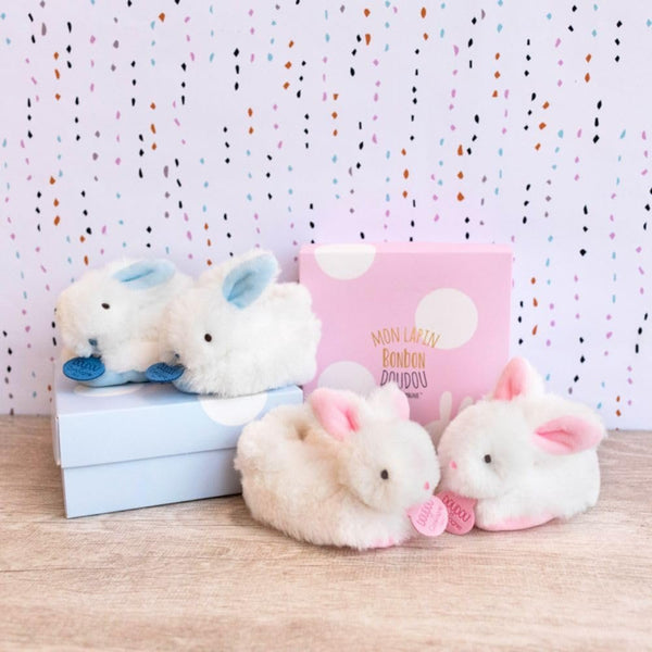 Doudou et Compagnie Blue Bunny Booties with Rattle – Baby Slippers Gift Set, Soft Bunny Design, 0-6 Months (DC1309)