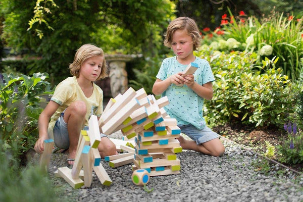 BS Toys Large Tower Wooden Block Stacking Game - Giant Paulownia Wood Blocks, Natural/Blue/Green, 60 Blocks + Color-Coded Die & Cotton Bag, Ages 4+ (GA277)