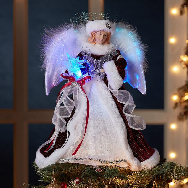 Kurt S. Adler 12″ 7-Light Color-Changing LED Fiber-Optic Angel Tree Topper – Silver & Burgundy Gown, Feather Wings, Pre-Lit Christmas Treetop (AD2003)