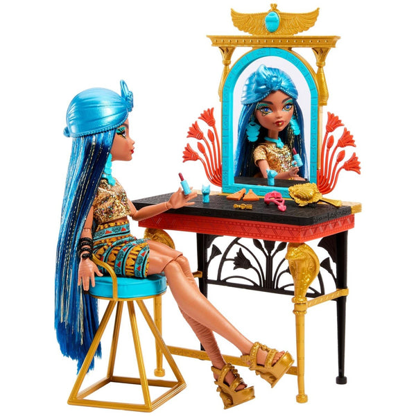 Monster High Cleo De Nile Self-Scare Day Doll and Vanity Playset, Vanity Furniture with Storage, Hair and Jewelry Accessories, Ages 4+