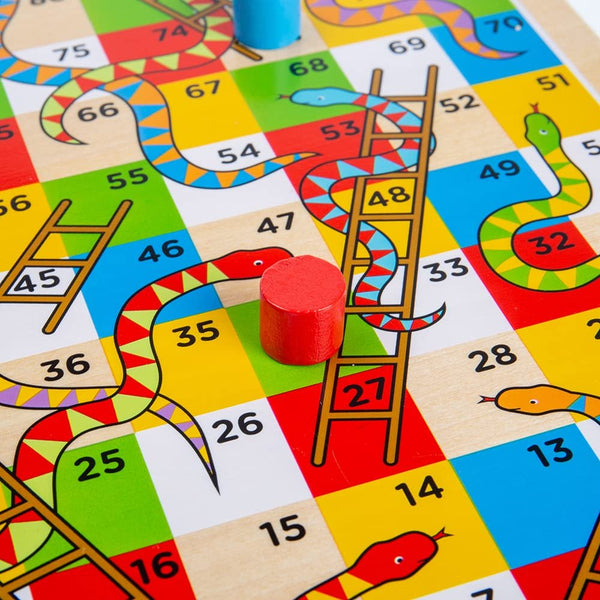 Bigjigs Toys Traditional Snakes and Ladders Wooden Game Set, Quality Family Game for Kids and Adults, 2-4 Players Ages 3+
