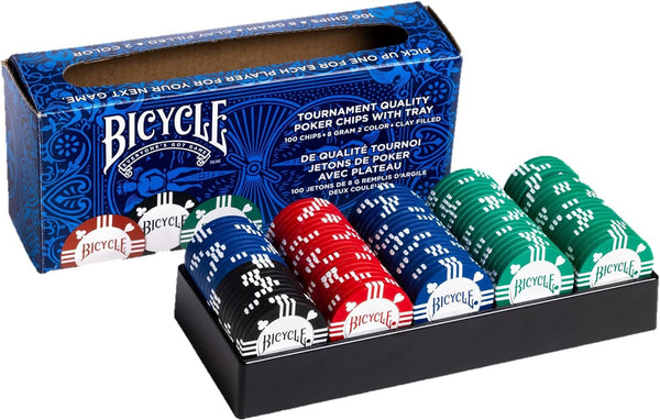 Bicycle 8G 100Count Clay Poker Chips W/Casino Tray Premium 8G Clay-Filled Poker Chips with Casino Tray, 100Count