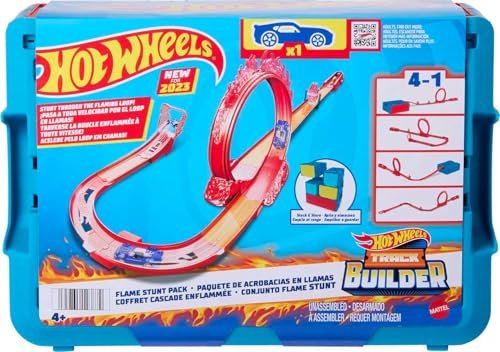 Hot Wheels Toy Car Track Set, Track Builder Playset Flame Stunt Pack with 16 Component Parts & 1:64 Scale Vehicle in Modular Storage Container