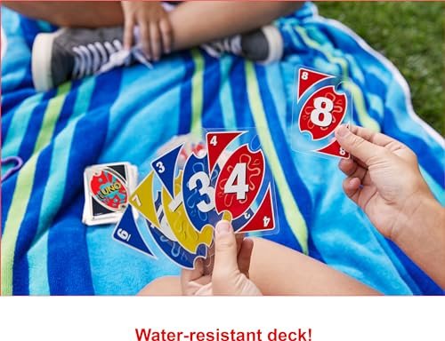 Mattel Games UNO Splash Card Game with Waterproof Plastic Clear Cards for Outdoor Camping, Travel and Family Night, 2-10 Players Ages 7+