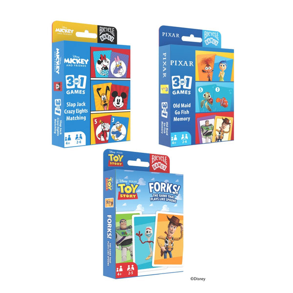 Bicycle Disney Games Bundle: 3 in 1 Mickey Card Games, 3 in 1 Pixar Card Games, and Disney Pixar Forks: Plays Like Spoons, Includes 7 Different Games