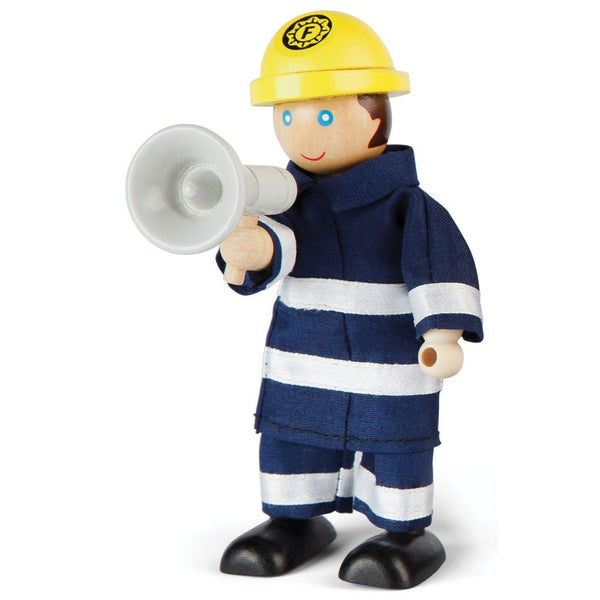 Tidlo Firefighter Set, Navy – 4-Piece Wooden Firefighter Figures Playset with Axe, Megaphone, Fire Extinguisher & Breathing Gear – Poseable Rescue Toy for Kids Age 3+