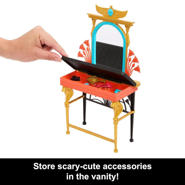 Monster High Cleo De Nile Self-Scare Day Doll and Vanity Playset, Vanity Furniture with Storage, Hair and Jewelry Accessories, Ages 4+