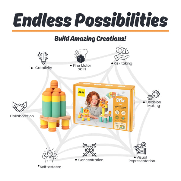 OPPI Stix 60 Pcs Wooden Blocks – Durable Natural Wood Building Blocks for Toddlers & Kids (Ages 2–12) – Open-Ended Creativity, Stacking & Construction Set for Early Learning and STEM Skill Development
