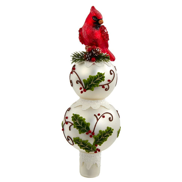 Kurt S. Adler 12“ Un-Lit Glass Holly Leaves and Cardinal Finial Tree Topper