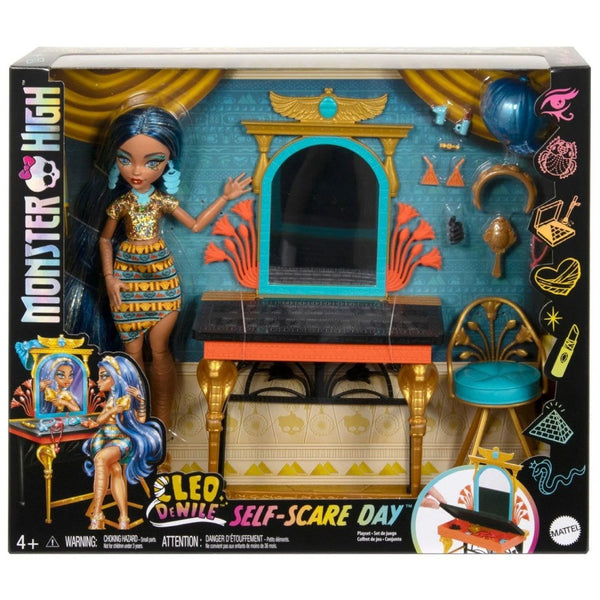 Monster High Cleo De Nile Self-Scare Day Doll and Vanity Playset, Vanity Furniture with Storage, Hair and Jewelry Accessories, Ages 4+