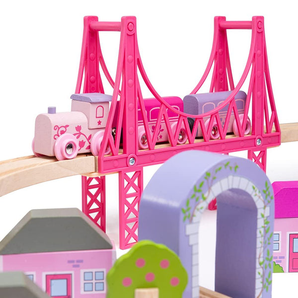 Bigjigs Rail Fairy Town Wooden Train Set – 75-Piece Pastel Wood Railway & Fairytale Village for Kids Age 3+ (Pink Accessories, Houses, Trees & Figures, Educational Gift)
