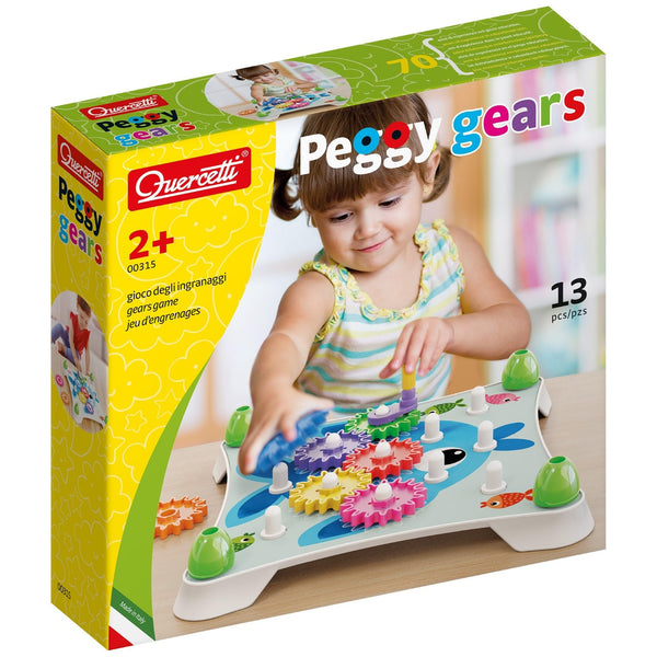 Quercetti Peggy Gears 13-Piece Interactive Cogwheel Construction Toy – Peg Board & Scene Cards – Early STEM, Fine Motor Skills & Cause-Effect Learning for Toddlers & Preschoolers, Ages 2+