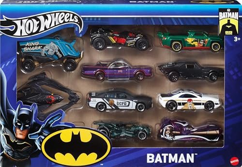 Hot Wheels Toy Cars, 10-Pack of Batman-Themed 1:64 Scale Die-Cast Vehicles, Popular Hero, Sidekick & Villain Castings from The Global Franchise, Ages 3+