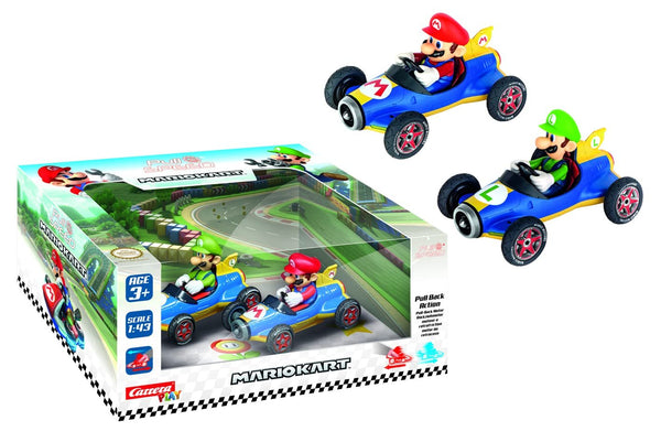 Carrera Pull & Speed 15813018 Official Licensed Kids Mario Kart Toy Car Pull Back Vehicle for Ages 3 and Up - Mach 8 Mario/Mach 8 Luigi