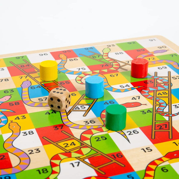 Bigjigs Toys Traditional Snakes and Ladders Wooden Game Set, Quality Family Game for Kids and Adults, 2-4 Players Ages 3+