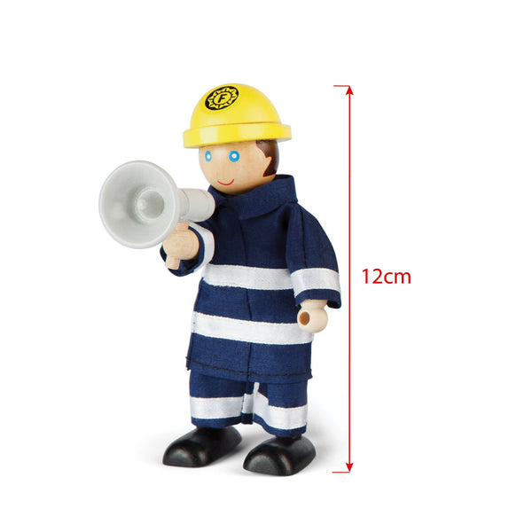 Tidlo Firefighter Set, Navy – 4-Piece Wooden Firefighter Figures Playset with Axe, Megaphone, Fire Extinguisher & Breathing Gear – Poseable Rescue Toy for Kids Age 3+