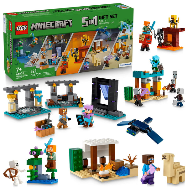 LEGO Minecraft Gift Set - 5 epic sets with 15 characters in 1 Box: Steve’s Desert Expedition, The Armory, The Nether Lava Battle, The Illager Desert Patrol, and The Lush Cave Fight - 66805