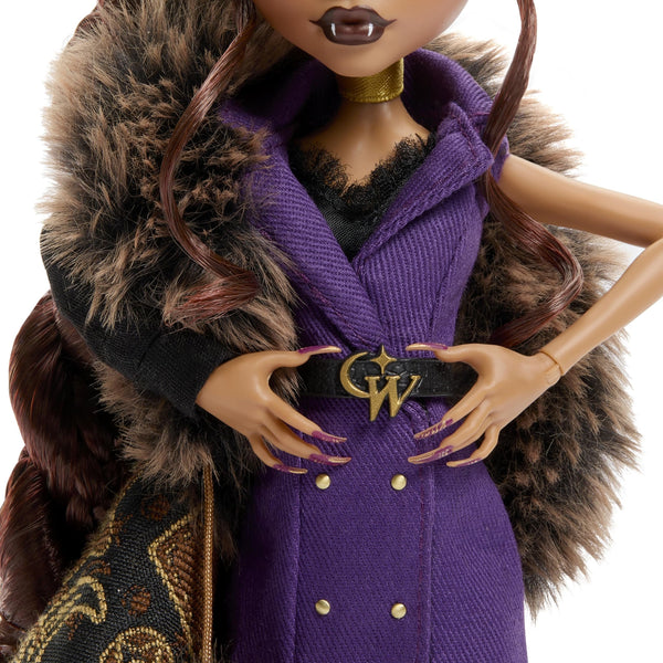 Monster High Doll, Clawdeen Wolf House of Wolf Collectible with Faux Fur Jacquard Coat, Purple Blazer Dress, Pantaboots and Golden Accessories