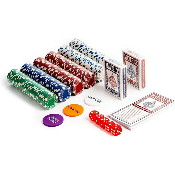 Maverick Texas Hold 'Em Poker Set with Aluminum Case, 300 11 Gram Casino Poker Chips, 2 Decks of Maverick Playing Cards, 5 Red Dice, and 3 Buttons Casino Game for Adults