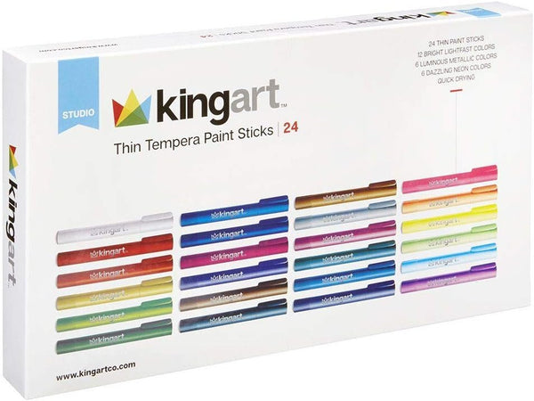 KINGART 574-24 TEMPERA PAINT Thin Sticks, Set of 24 Rich Colors, Solid Tempera Paint for Kids, Super Quick Drying, Non-Toxic, Work Great on Paper, Canvas, Wood, Glass and more