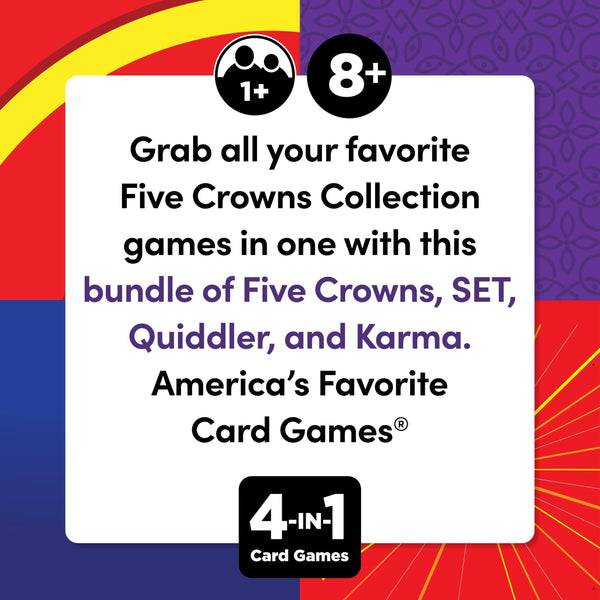 PlayMonster Five Crowns Collection 4-Game Bundle - Five Crowns, SET, Quiddler, and Karma Card Games, 1+ Players Ages 8+