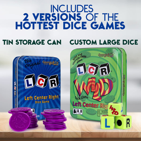 George & Company LLC LCR (Left Right Center) in Blue & Dice Game in Green Tin Gift Set Bundle - 2 Pack