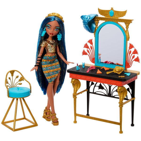 Monster High Cleo De Nile Self-Scare Day Doll and Vanity Playset, Vanity Furniture with Storage, Hair and Jewelry Accessories, Ages 4+