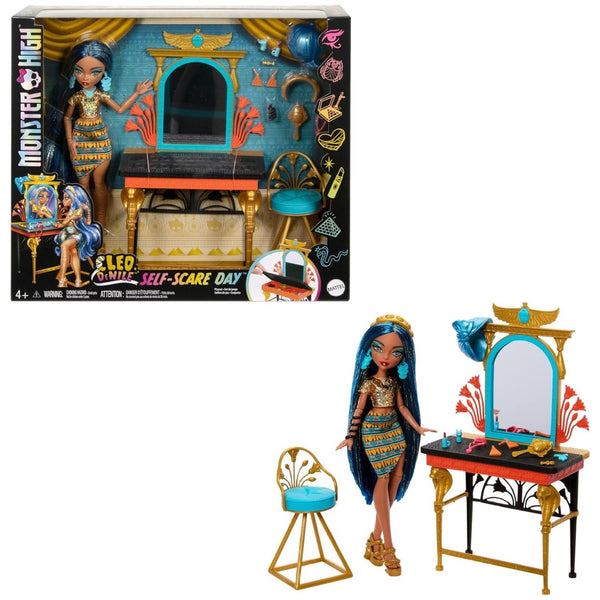 Monster High Cleo De Nile Self-Scare Day Doll and Vanity Playset, Vanity Furniture with Storage, Hair and Jewelry Accessories, Ages 4+