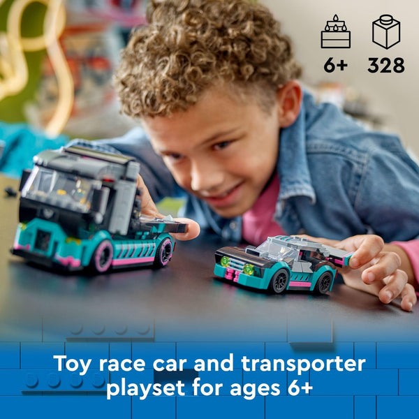 LEGO City Race Car and Car Carrier Truck Toy Playset, Vehicle Transporter with Adjustable Loading Ramp and Race Toy, Racer and Driver Minifigures, Fun Gift for Kids Ages 6 and Up, 60406