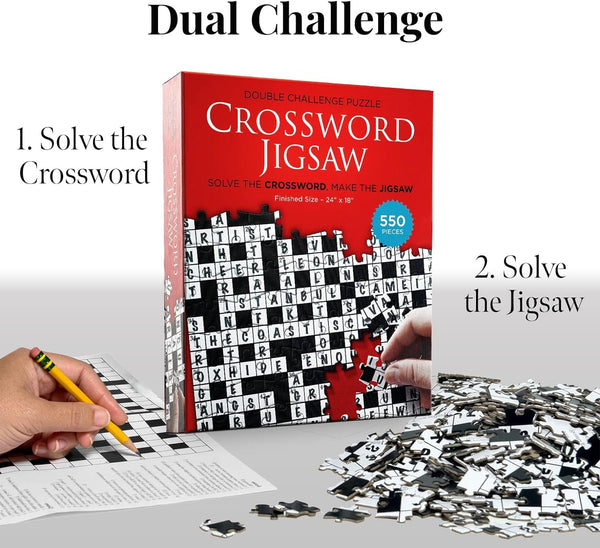 Dual Challenge Crossword Jigsaw Puzzle 1st Edition - 2 in 1 Fun Educational Interactive Brain Building for Adults & Families, 550 Pieces