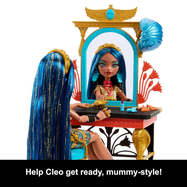 Monster High Cleo De Nile Self-Scare Day Doll and Vanity Playset, Vanity Furniture with Storage, Hair and Jewelry Accessories, Ages 4+
