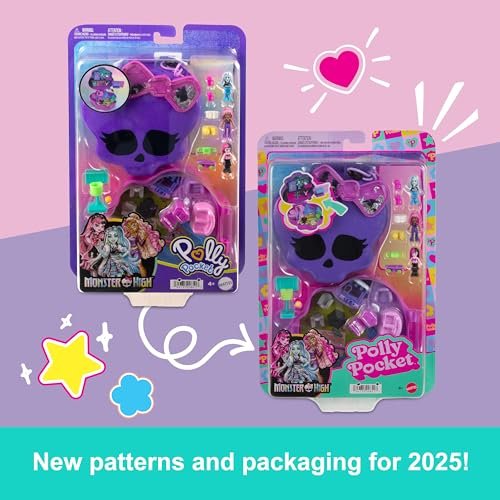 Polly Pocket Monster High Playset with 3 Micro Dolls & 10 Accessories, Opens to High School, Collectible Travel Toy with Storage