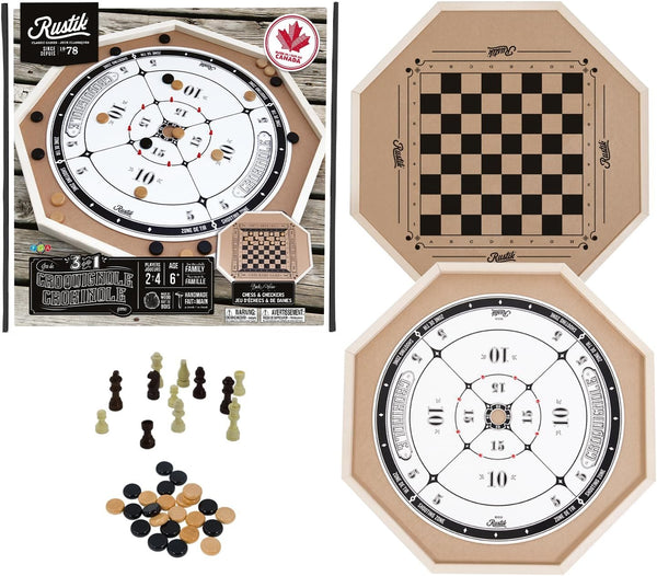 Rustik BJR000135 2-In-1 Deluxe Crokinole & Checkers In 1 Box, 2-4 Players Ages 6+