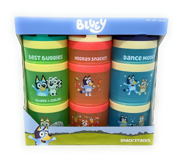 Whiskware Stackable Snack Containers for Kids & Toddlers – 3-Part Portable Snack Stacks with Bluey Design - School & Travel Friendly, BPA-Free Kid Lunch Organizer