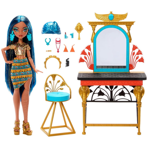 Monster High Cleo De Nile Self-Scare Day Doll and Vanity Playset, Vanity Furniture with Storage, Hair and Jewelry Accessories, Ages 4+