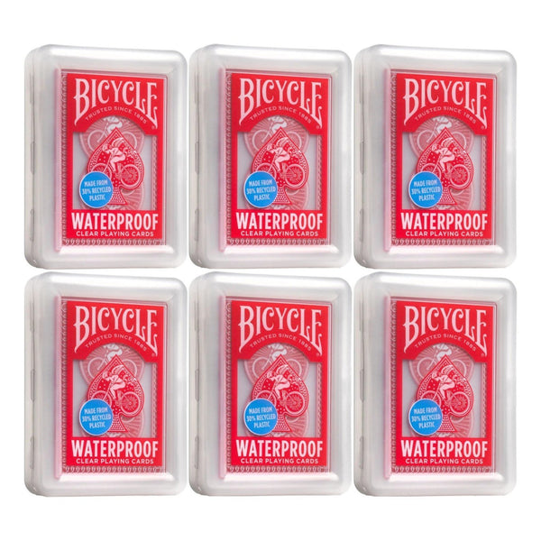 Bicycle Waterproof Clear Playing Cards - 6-Pack of Red Rider Back Plastic Decks, 30% Recycled Material, Rinseable, Perfect for Pool, Beach, Camping & Party Games